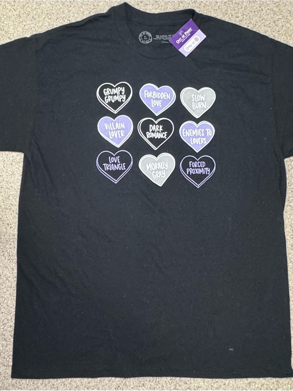 Out of Print Black Tee with Purple & Gray Heart Graphics